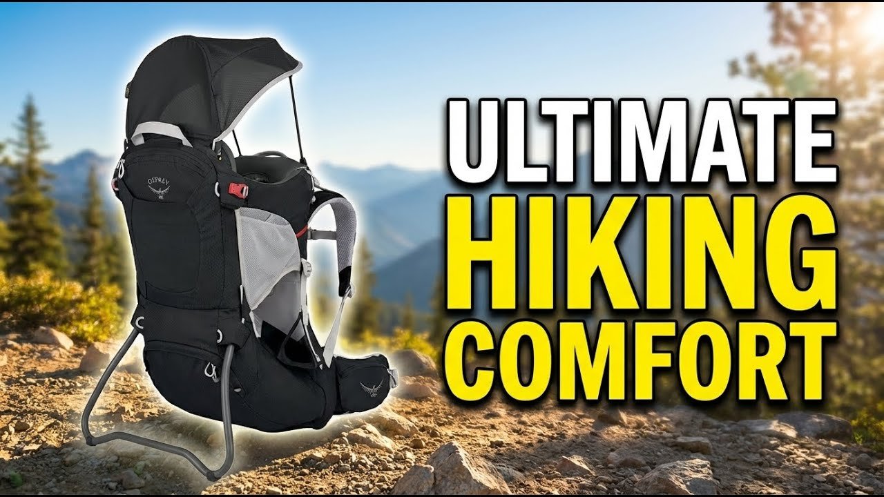 Parent hiking with toddler in Osprey Poco Plus with sunshade deployed on a forest trail