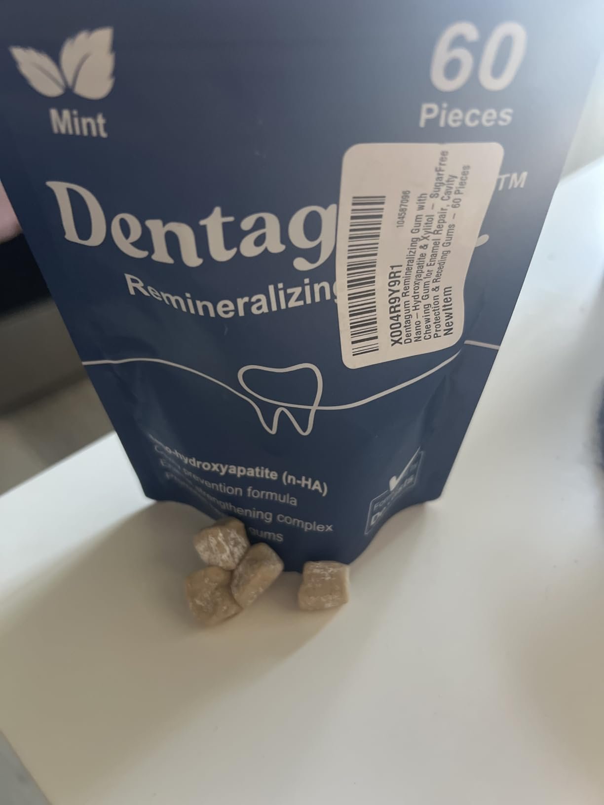 Dentagum nano-hydroxyapatite remineralizing chewing gum pouch on a white background