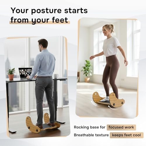 review-1-12 Person using the bamboo footrest at a desk and standing desk to support better posture and leg circulation