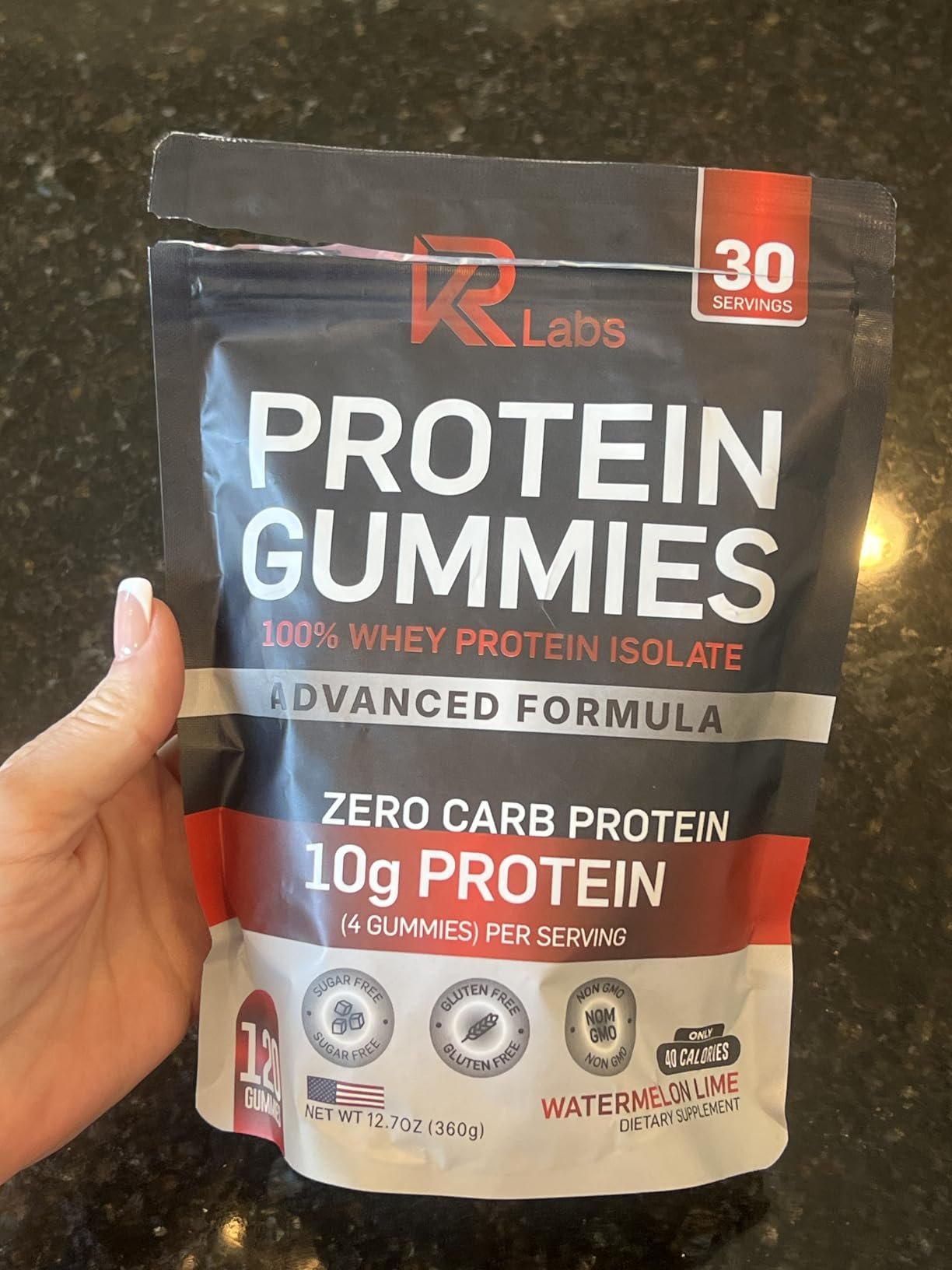 review-1-18 KR Labs Protein Gummies in the gummy bear shape and watermelon lime color