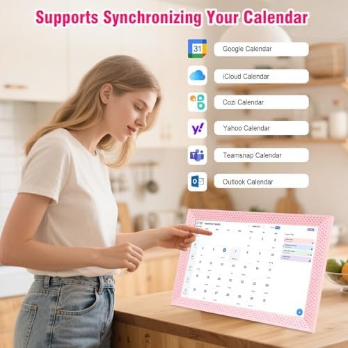 review-1-21 YosaToo 10.1-inch digital calendar showing a color-coded family schedule on its touchscreen display
