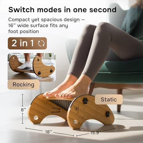 review-2-11 KomfiNest bamboo footrest showing the 2-in-1 rocking and static modes with its 18 by 15.9 inch dimensions