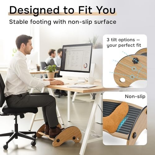 review-4-2 Man at an office desk using the bamboo foot rest, with callouts for its three tilt options and non-slip surface